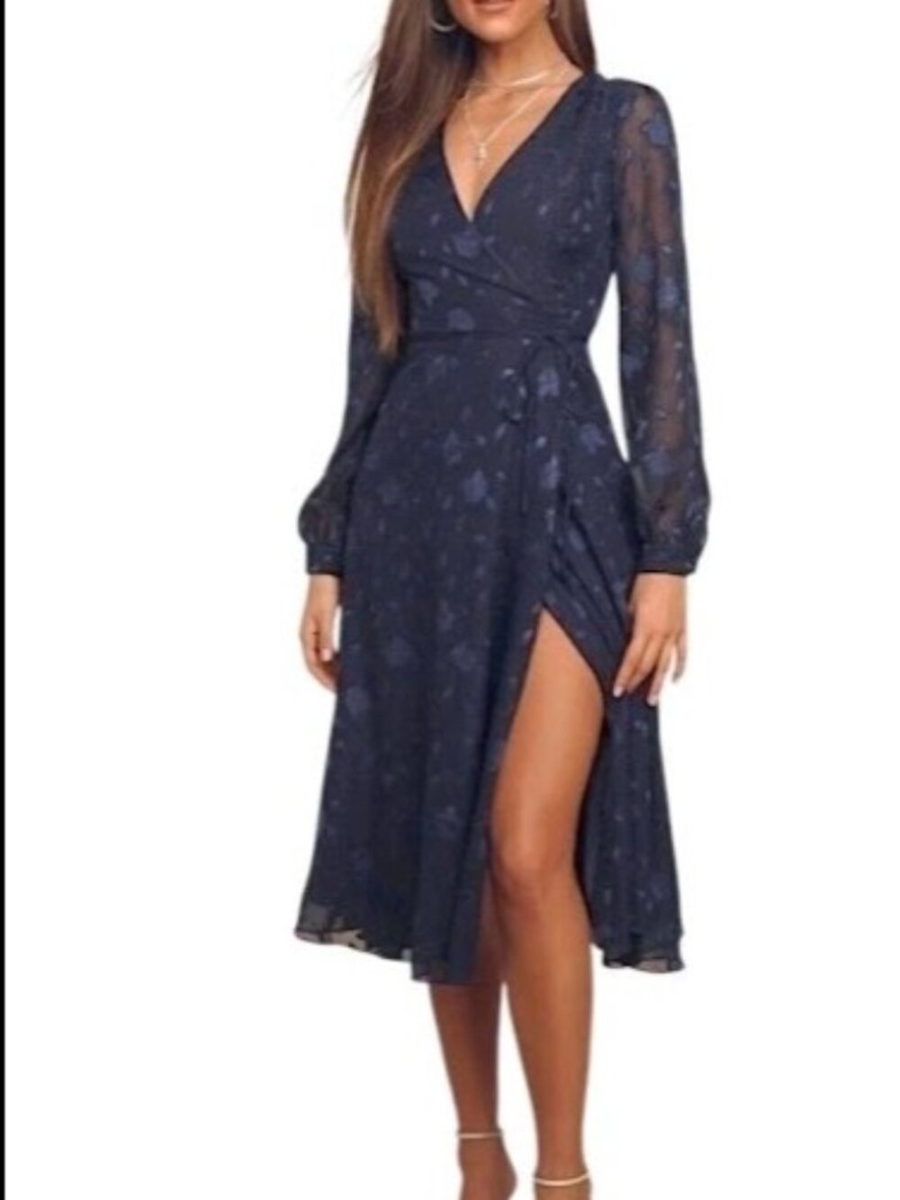 LuLu's Blue Dress Long Sleeve Midi Wrap Crossover S